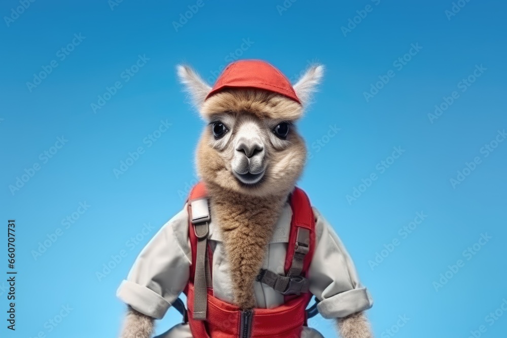 funny llama baby kid with backpack on blue background. back to school concept