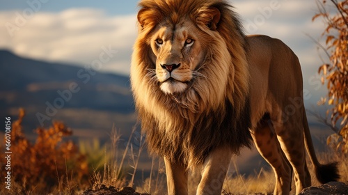 male lion standing on a hill. with a clear sky background