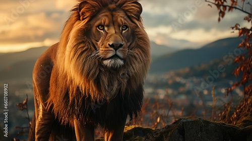 male lion standing on a rock  looking for prey at sunset
