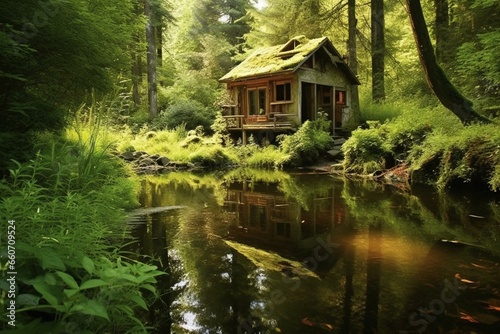 Natural cabin amidst lush woodland by a serene pond. Generative AI
