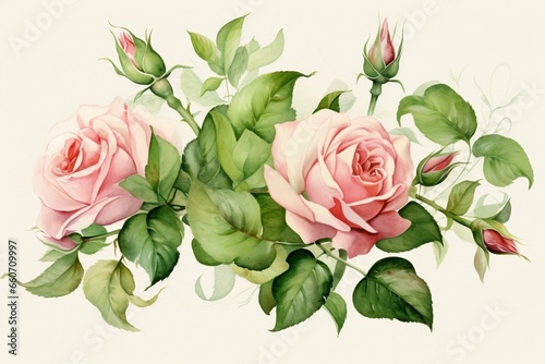 Watercolor roses and stems with leaves on green background. Generative AI