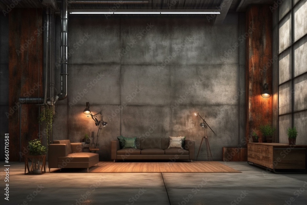 A backdrop for an industrial interior with rough flooring, indirect lighting, and concrete walls. Generative AI - obrazy, fototapety, plakaty 