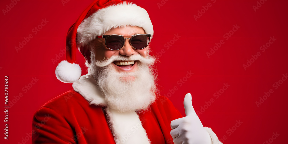 santa claus smiling giving like with thumb up on red background santa claus smiling giving like with thumb up on red background