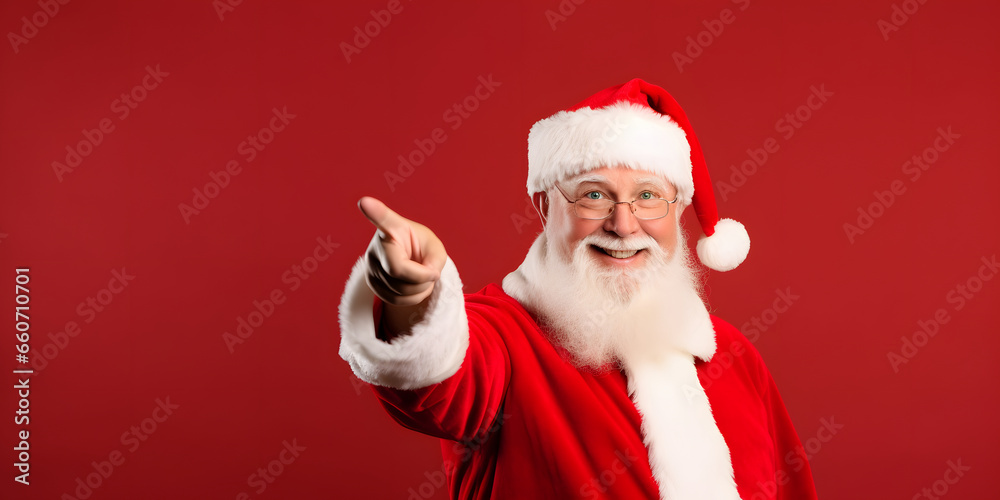 santa claus smiling pointing with finger on red background santa claus smiling pointing with finger on red background