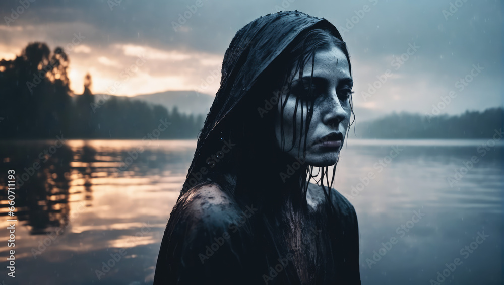 Ai generative photo of a mourning pale woman with a lake as a background.  - obrazy, fototapety, plakaty 