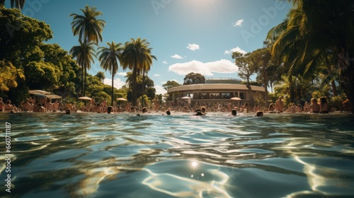 men and women at a swimming pool during a vacation on a tropical island © MBRAMO
