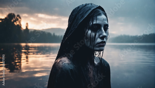 Ai generative photo of a mourning pale woman with a lake as a background.  photo
