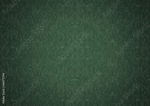 Hand-drawn unique abstract symmetrical seamless ornament. Bright green on a deep warm green with vignette of a darker background color. Paper texture. Digital artwork, A4. (pattern: p11-1b)
