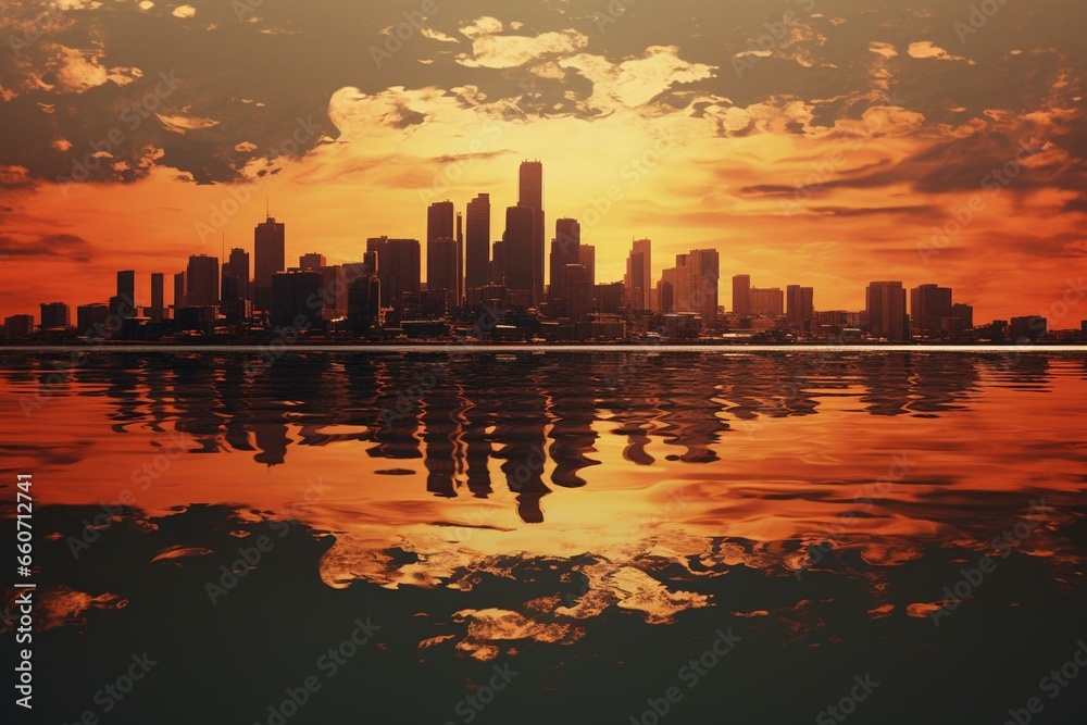 Urban skyline mirrored in sunset-lit water. Generative AI