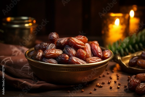 Close-up of dates in a copper bowl on a wooden table. Dates are a healthy snack from palm fruit. Generative AI
