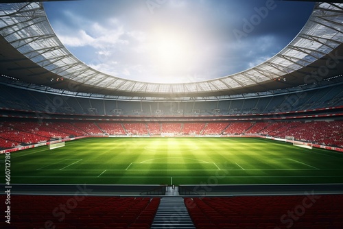 3D render of a soccer stadium with a cut of the ground. Generative AI