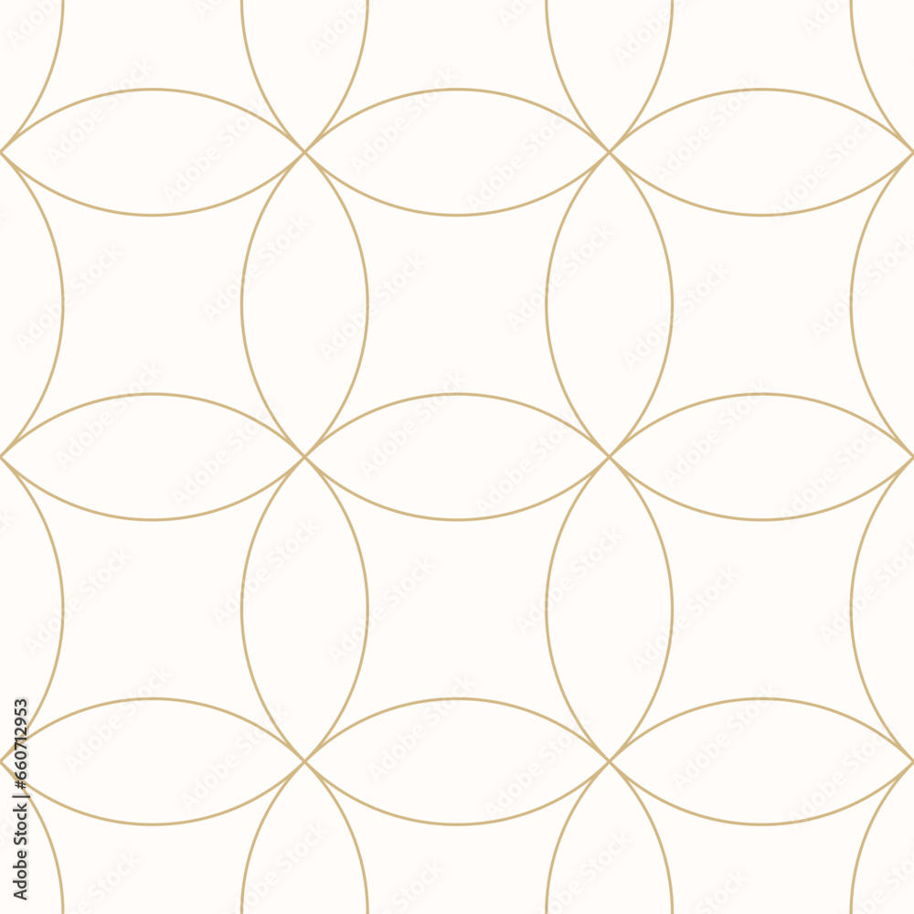 Golden vector minimal seamless pattern with circular grid, thin curved lines. Simple elegant geometric background with mesh, lattice. Subtle luxury gold and white ornament. Abstract minimalist texture