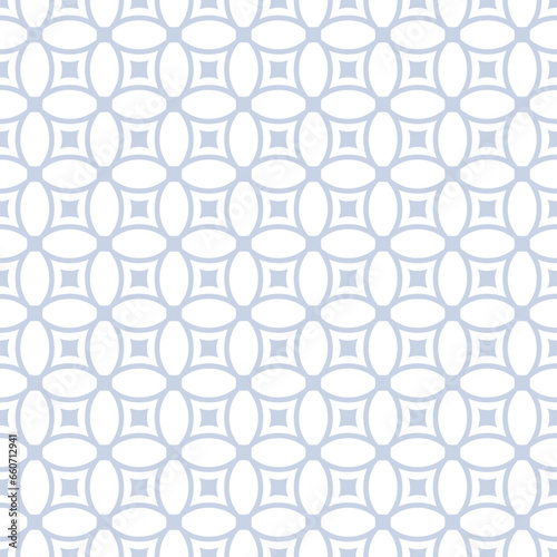 Elegant vector geometric seamless pattern with rounded grid  mesh  lattice  circles  squares  repeat tiles  curved lines. Simple abstract blue and white background. Delicate vector ornament texture