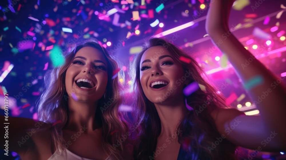 Charming women dancing on neon lights background.. Girls making selfie at party.