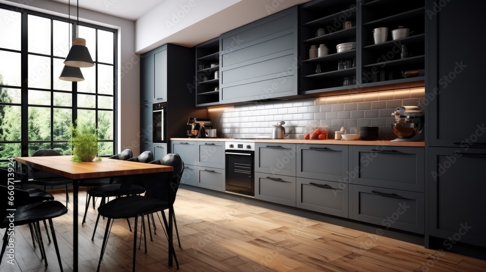 Modern kitchen concept with dark gray furniture and shiny old wooden floor
