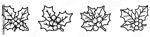 Christmas holly berry leaves. Set of black contours of Christmas holly berry leaves.