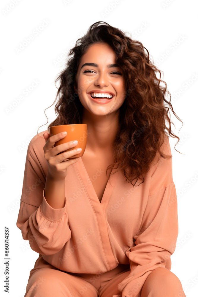 Happy woman in pajamas drinking first cup of coffee posing on white transparent background Happy woman in pajamas drinking first cup of coffee posing on white transparent background