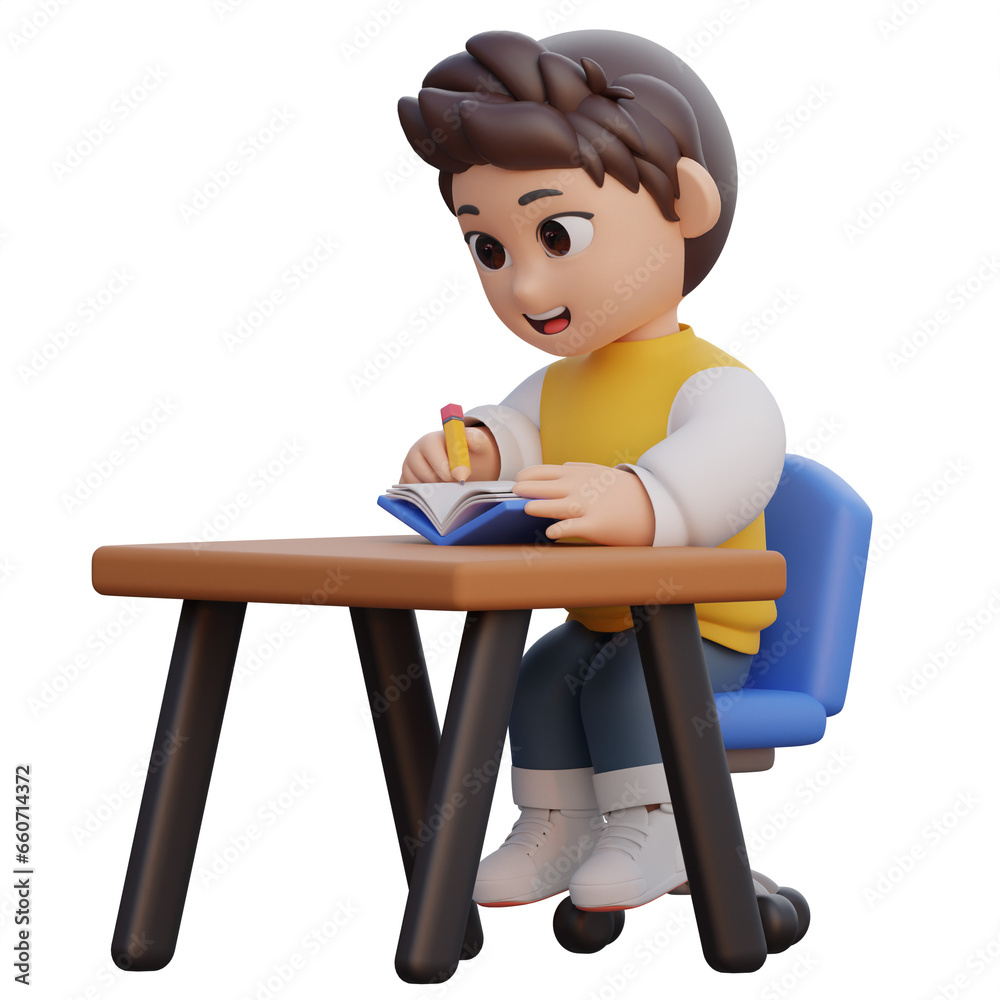 Boy Studying at Desk 3D Character