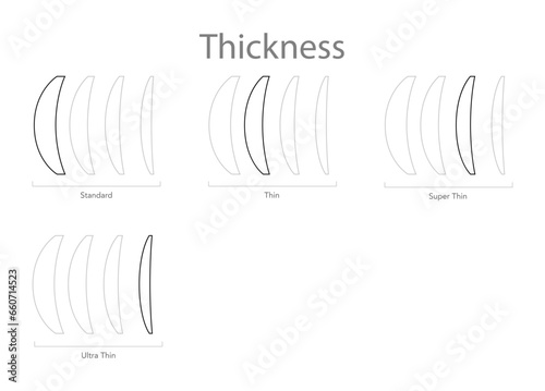 Set of Thickness types of lens glasses - frame medical fashion accessory illustration. Sunglass silhouette style, flat spectacles eyeglasses with lens sketch outline isolated on white background