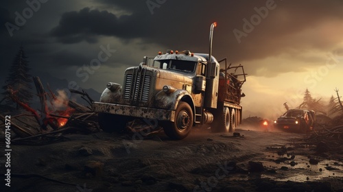 old truck with dark cloudy sky