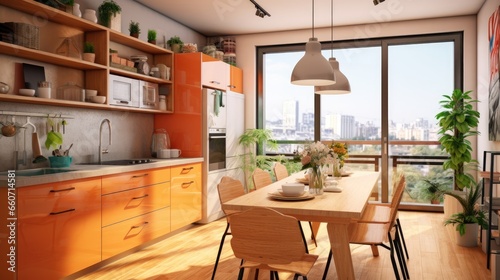 Modern kitchen interior with bright shades and classic style wooden table