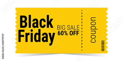 Black Friday sale ticket coupon template layout. Yellow background 60 percent. Black and yellow design. Coupon with a big discount. Simple design. Isolated vector illustration white background.