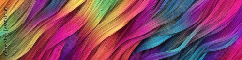 Background made of strands of colorful hair. Horizontal banner of colored threads. Generative AI
