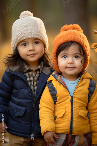 Two adorable Latin American infant boy and girl in outdoors with autumn landscape as background