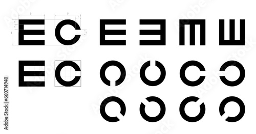 Snellen E and the Landolt C symbols Eye Test Chart medical illustration. Line vector sketch style outline isolated on white background. Vision test board optometrist for visual examination
