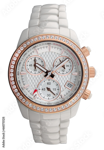 Luxury white red and gold wrist watch men with diamonds and tachymeter isolated on transparent png background.