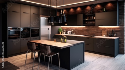Modern kitchen interior with dark colored cabinets and refrigerator