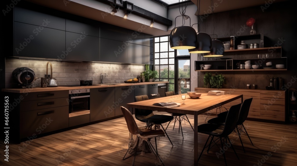 Modern kitchen interior with dark shades and bright collaboration