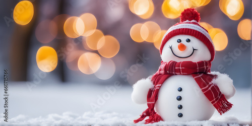 Christmas ornament featuring a delightful, happy snowman amidst snowy winter scenery in a lovely park with enchanting bokeh
