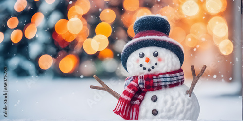 Christmas ornament featuring a delightful, happy snowman amidst snowy winter scenery in a lovely park with enchanting bokeh