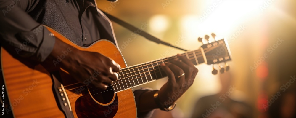 Obraz premium Closeup of a musician playing guitar while leading a worship session at a Christian outreach event, bringing a sense of joy and togetherness to the community.