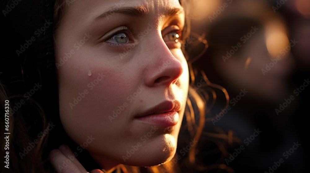 Closeup of a womans tearstained face, moved by the powerful and emotional atmosphere of the Easter sunrise service. Closeup of a womans tearstained face, moved by the powerful and emotional atmosphere of the Easter sunrise service.