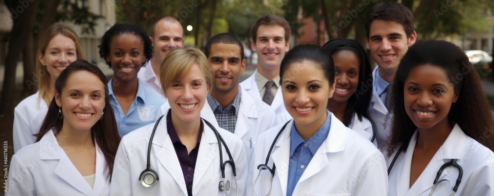 Obraz premium Concept photo of a team of medical professionals providing free healthcare services at a Christian outreach clinic, expressing the Christian values of compassion and healing.