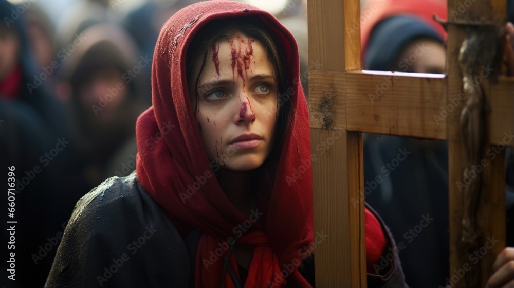 Closeup of a woman, with tears streaming down her face, as she walks foot and carries a large cross along the procession route, portraying the pain and suffering of Mary, mother of Jesus. Closeup of a woman, with tears streaming down her face, as she walks foot and carries a large cross along the procession route, portraying the pain and suffering of Mary, mother of Jesus.