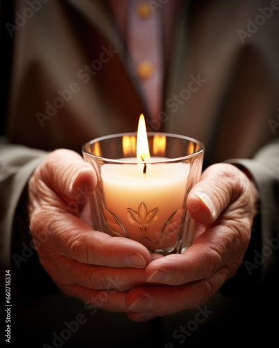 Closeup of a man holding a small lit candle, representing the light of Christ and the hope and promise of eternal life.