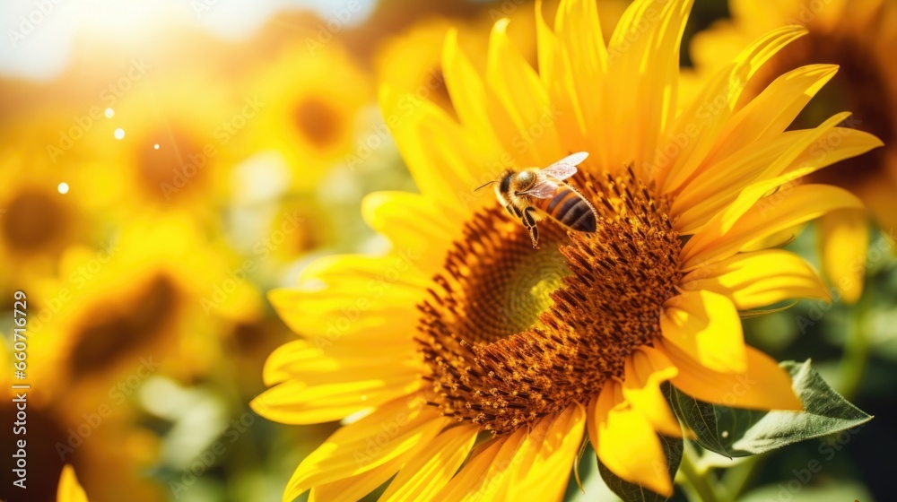 Detailed shot of a bee pollinating a sunflower, highlighting the gardens role in promoting biodiversity and supporting pollinator species.