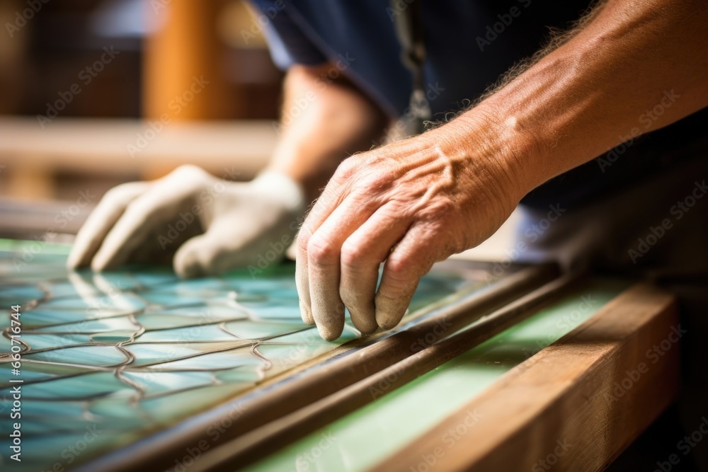 Closeup of an artisan gently sanding down the edges of a newly piece of stained glass, ensuring a perfect fit within a larger panel and creating a seamless transition between pieces. Closeup of an artisan gently sanding down the edges of a newly piece of stained glass, ensuring a perfect fit within a larger panel and creating a seamless transition between pieces.