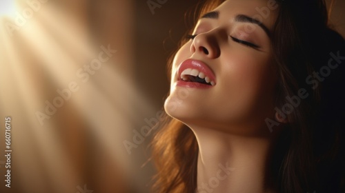 Closeup of a soprano singer hitting a high note with perfect pitch, her eyes closed in pure bliss. photo