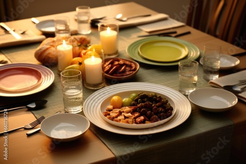 Concept photo of a table set with dishes representing various cultures and dietary restrictions, showcasing the inclusivity and respect in interfaith dialogue.