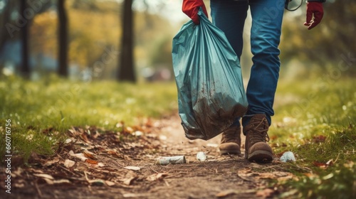Closeup of a persons feet, walking through a littered park with a trash bag and gloves in hand. They are picking up garbage, not for recognition but out of reverence for the environment and