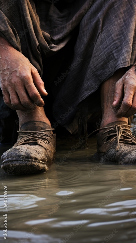 Concept photo of a pilgrims worn and dusty feet, resting in the cool waters of the river. The journey has taken its toll on their physical body, but their spirit remains unwavering.