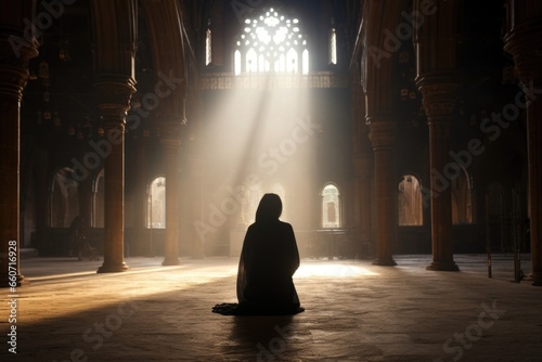 A lone figure sitting in the center of a vast hall, surrounded by intricate religious symbols and shadows cast by rays of sunlight pouring in through stained glass windows.