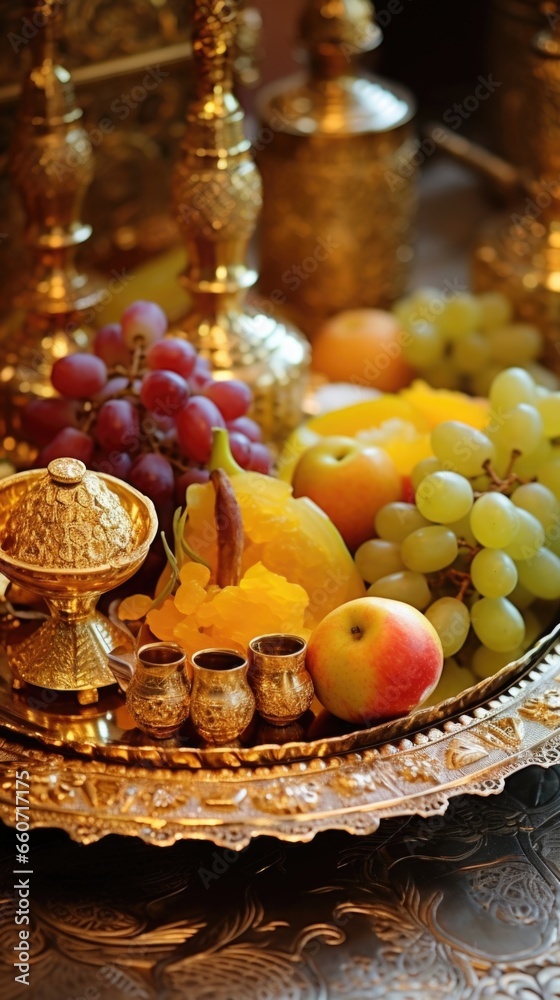 Closeup of a golden plate filled with a variety of fruits, sweets and other offerings, ready to be presented to the altar as a gesture of thanksgiving and devotion.