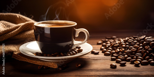cup of aromatic hot coffee and coffee grains  brown cozy coffee background