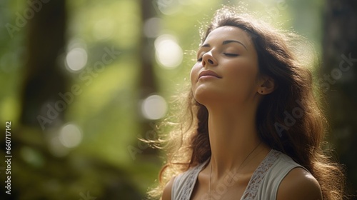 Closeup of a woman meditating in a lush forest, her eyes closed as she breathes in the fresh, clean air and connects with nature. photo