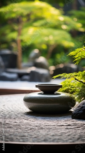Concept photo of a peaceful Zen garden, with carefully p rocks and plants, leading to a simple yet elegant meditation hall.